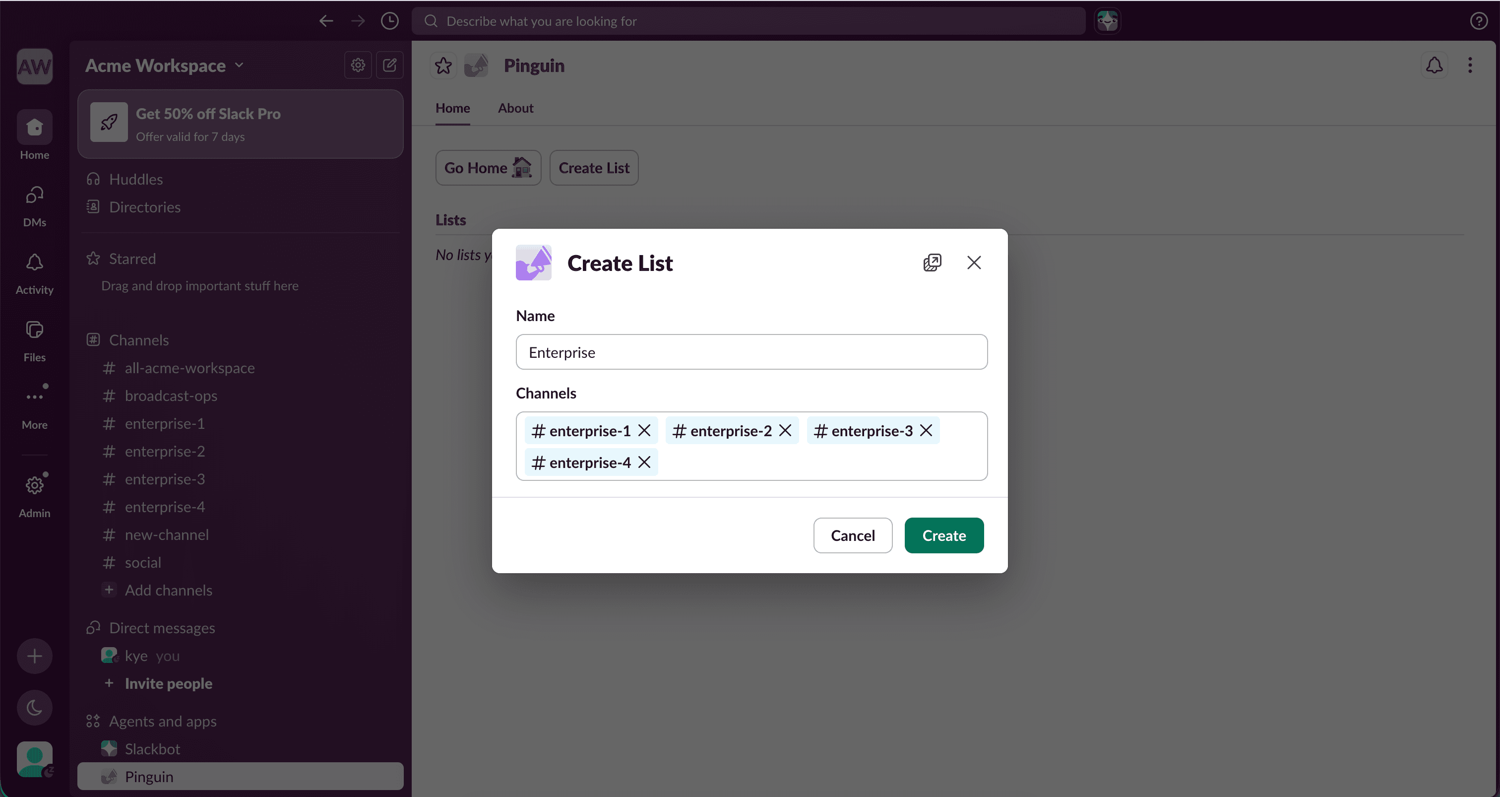 Create list form with name field and channel selection