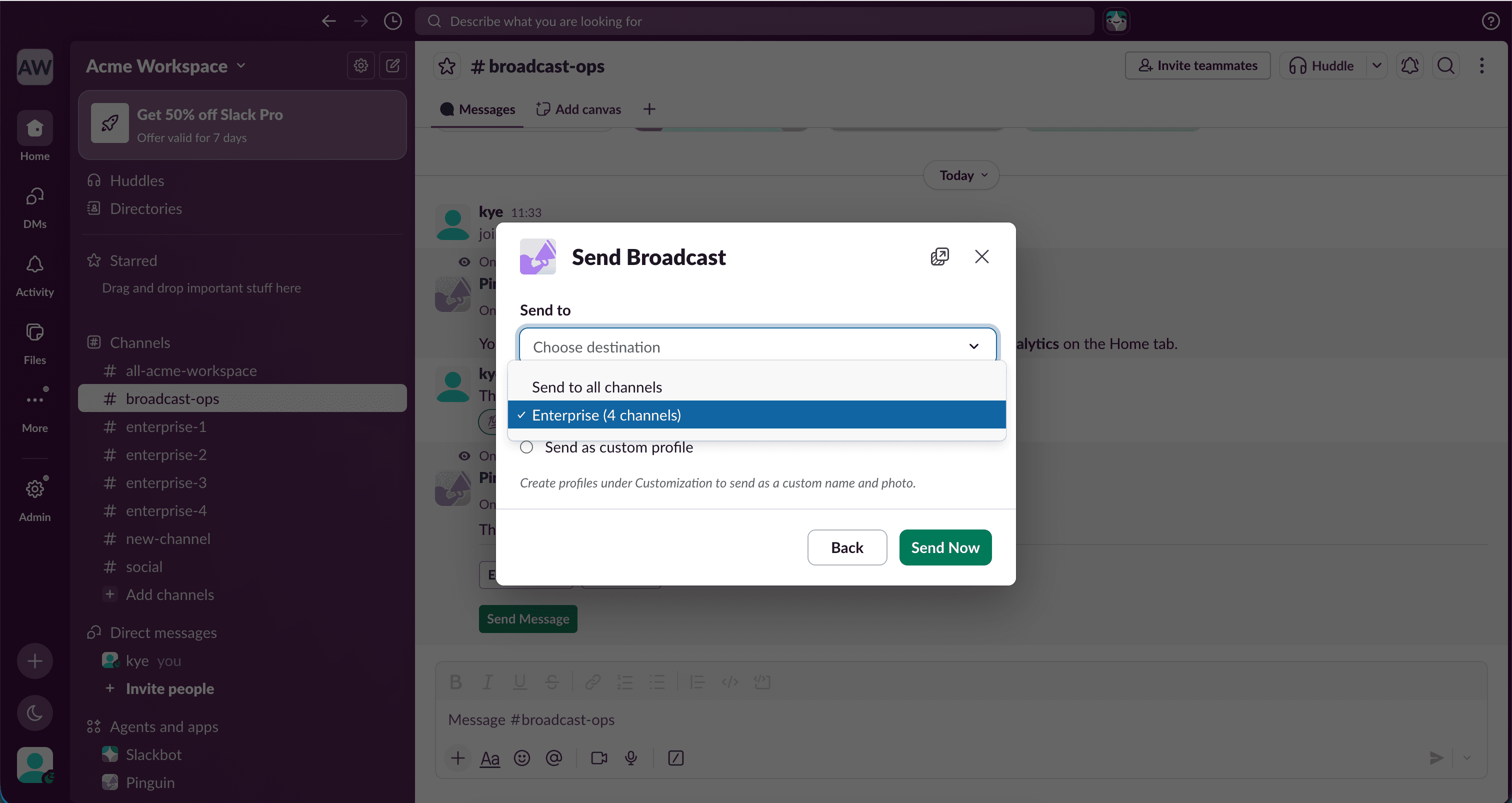 Broadcast composer Send to field with audience list selected