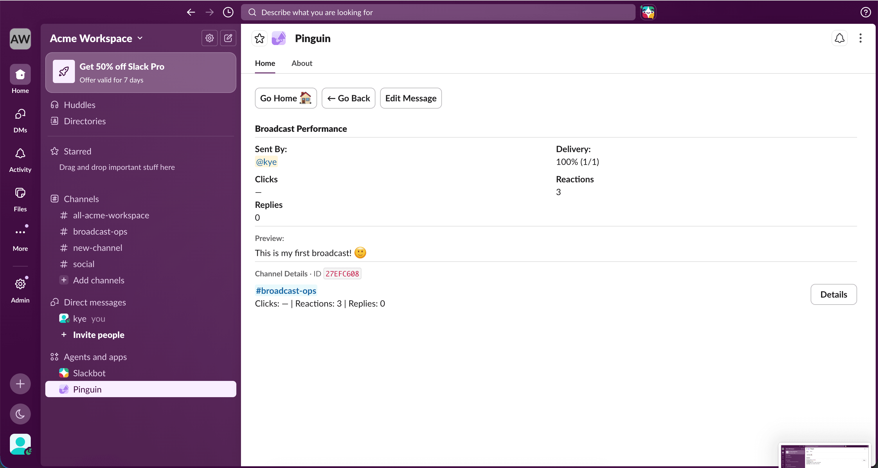 Edit Message button on a broadcast detail view