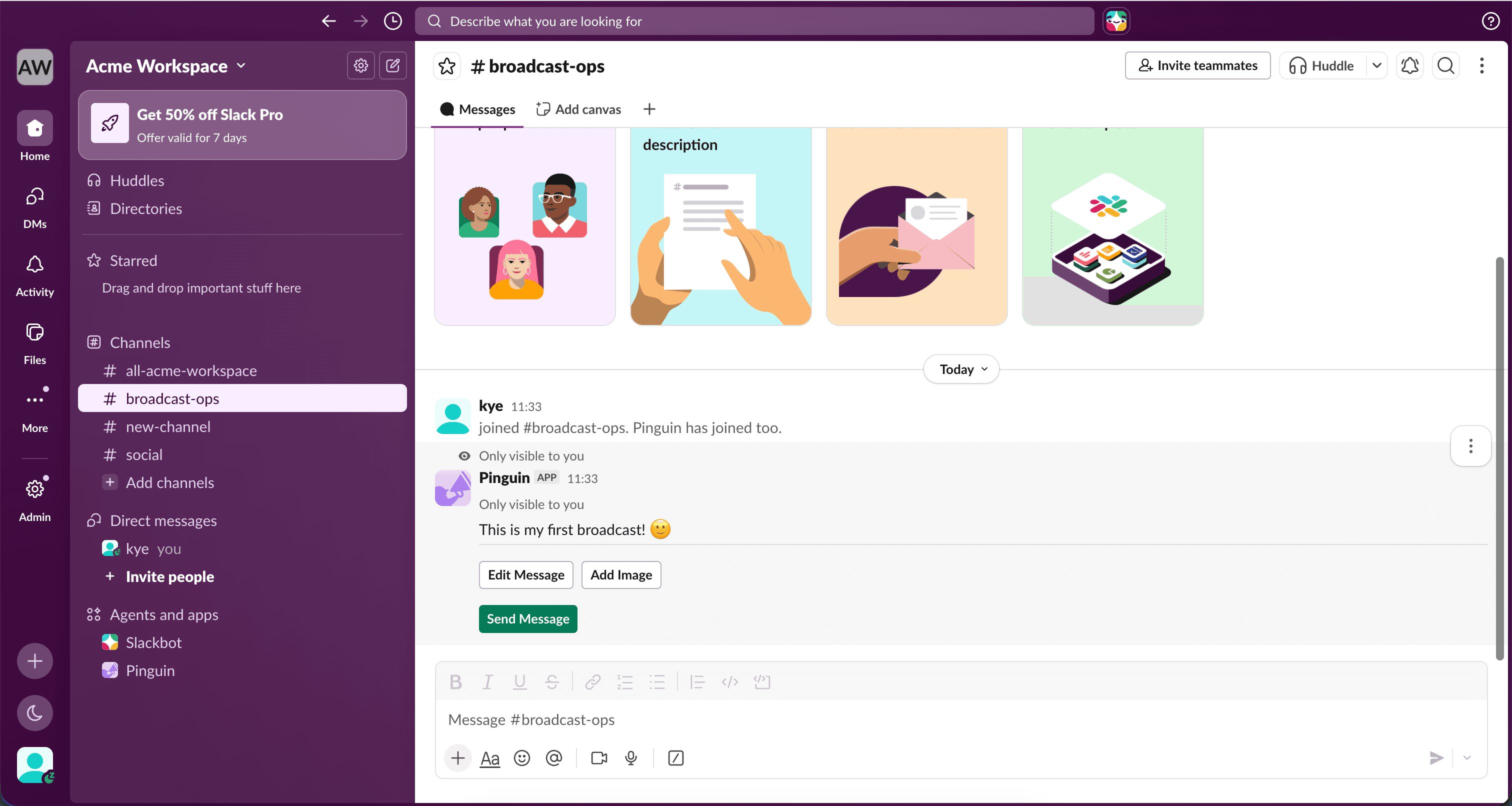 Pinguin broadcast live preview with edit and send options