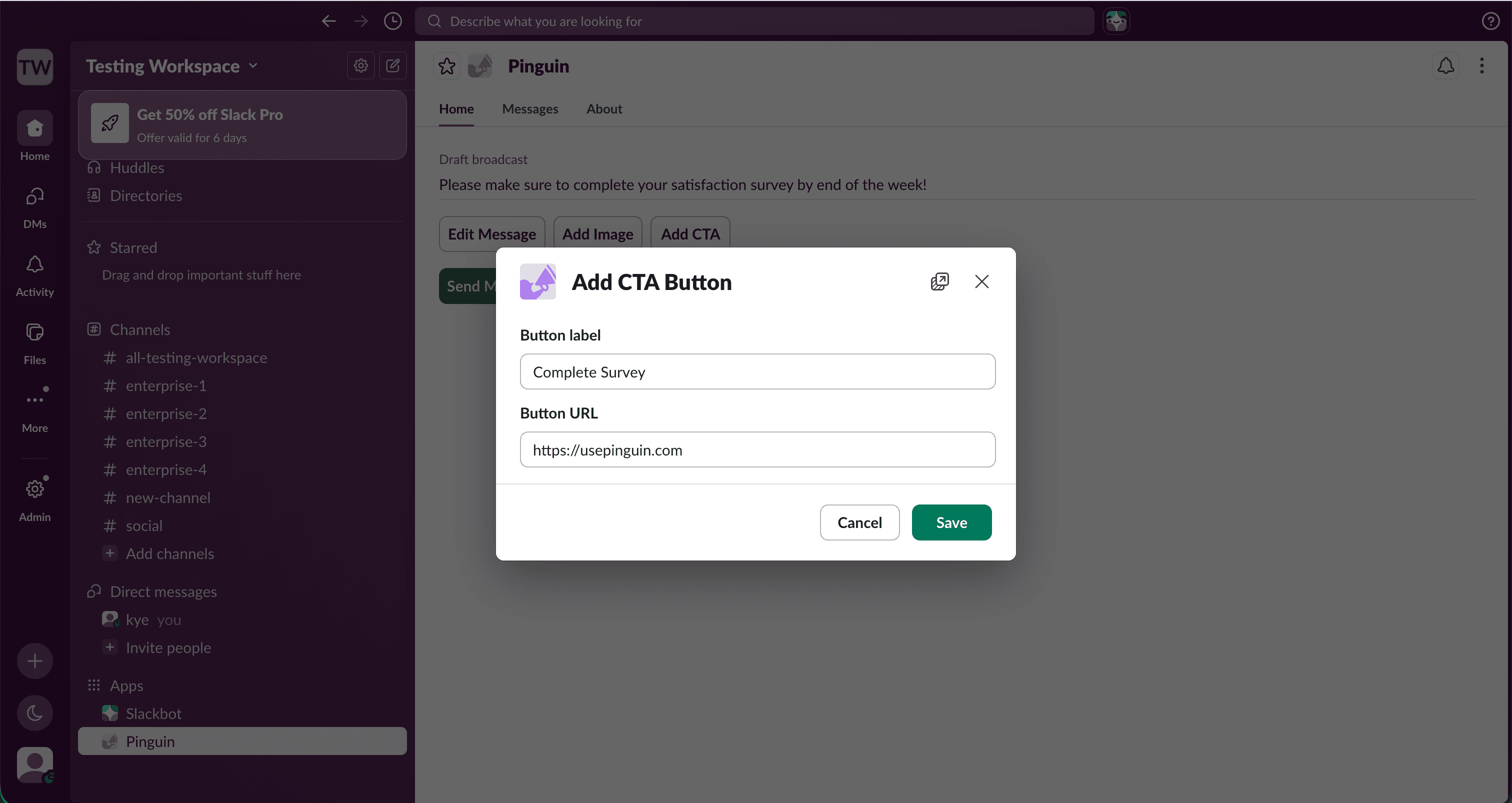 Adding a CTA button to a direct message