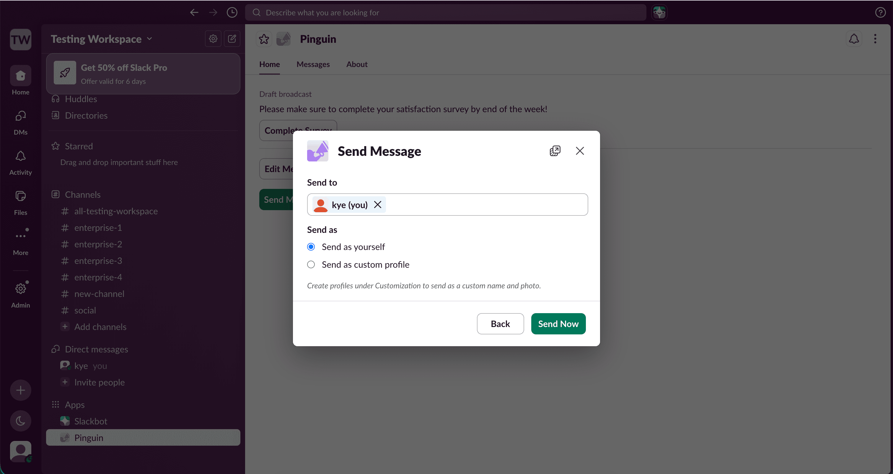 Selecting direct message recipients and confirmation that the DM was sent